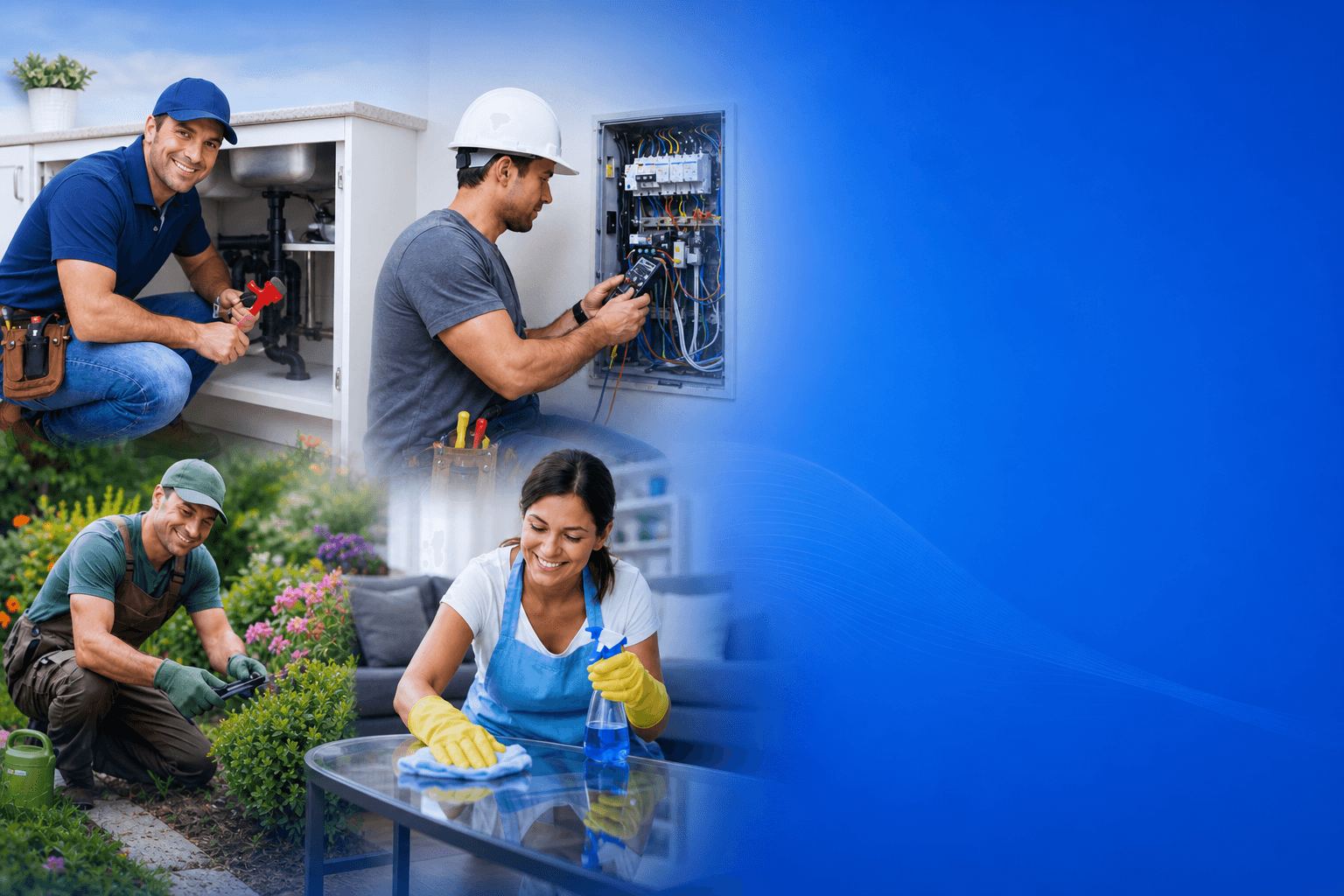 Verified plumbing, electrical, gardening and cleaning professionals at work